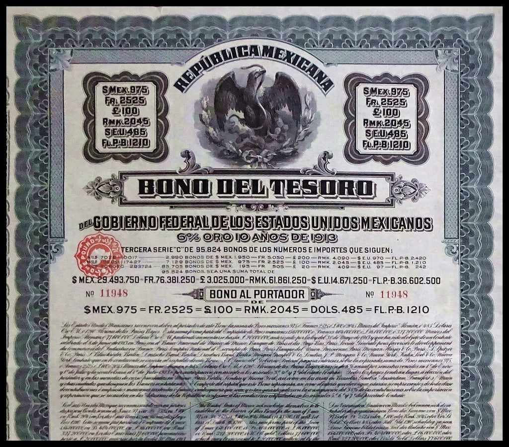 Mexico Republica Mexicana Bono del Tesoro 1913 Gold Bond Certificate