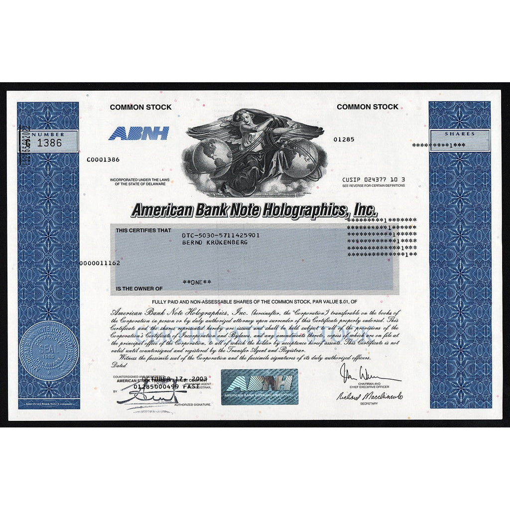 American Bank Note Holographics, Inc. Stock Certificate