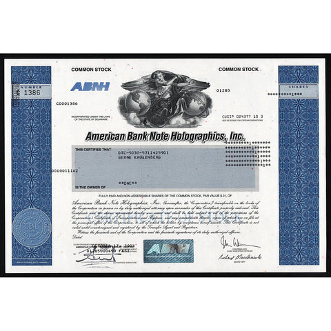 American Bank Note Holographics, Inc. Stock Certificate