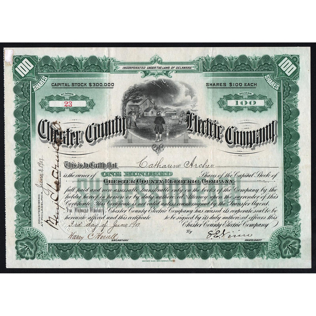 Chester County Electric Company Stock Certificate, with Benjamin Franklin Kite Experiment vignette