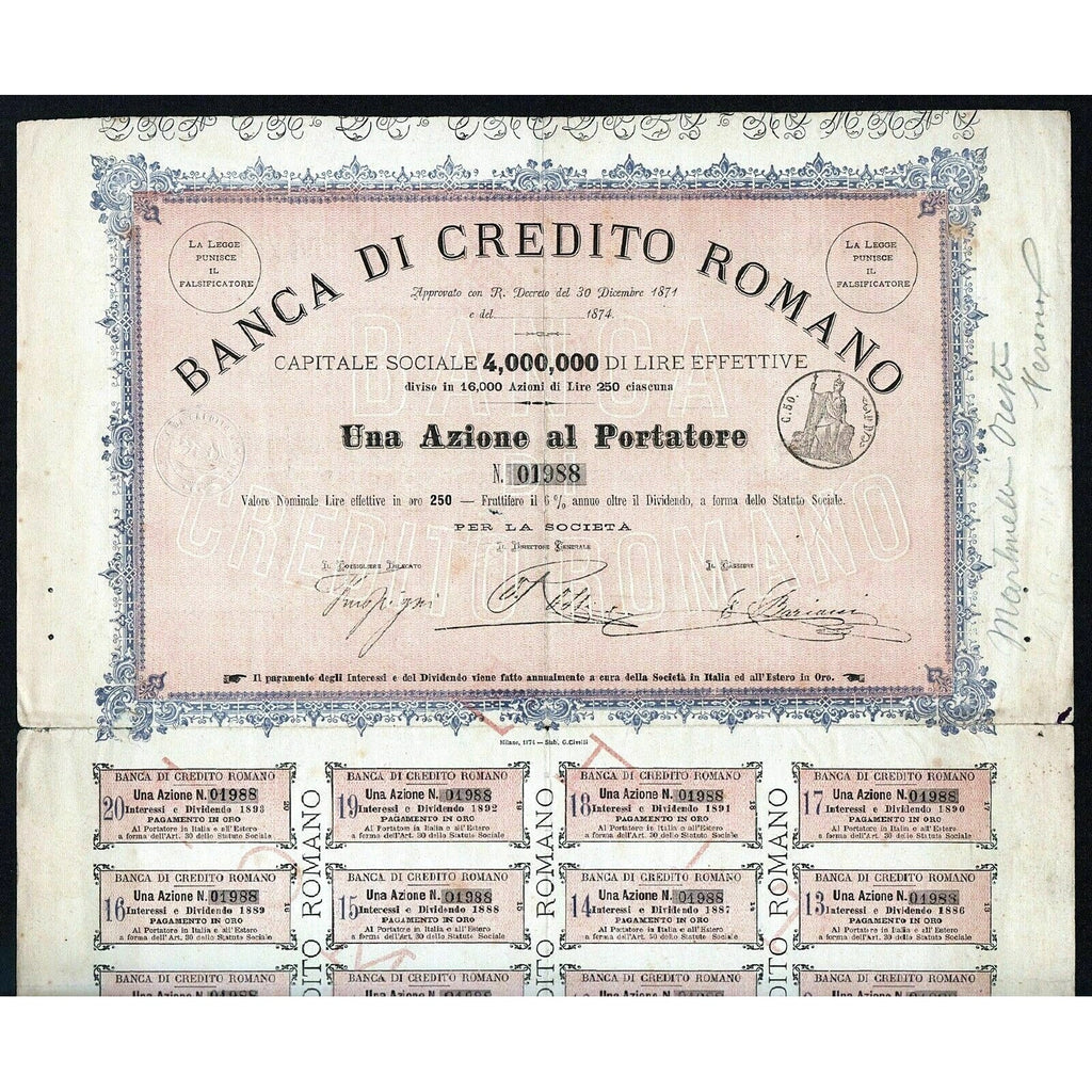 Banca Di Credito Romano 1874 Italy Gold Bond Certificate