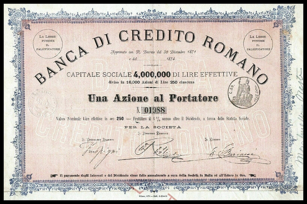 Banca Di Credito Romano 1874 Italy Gold Bond