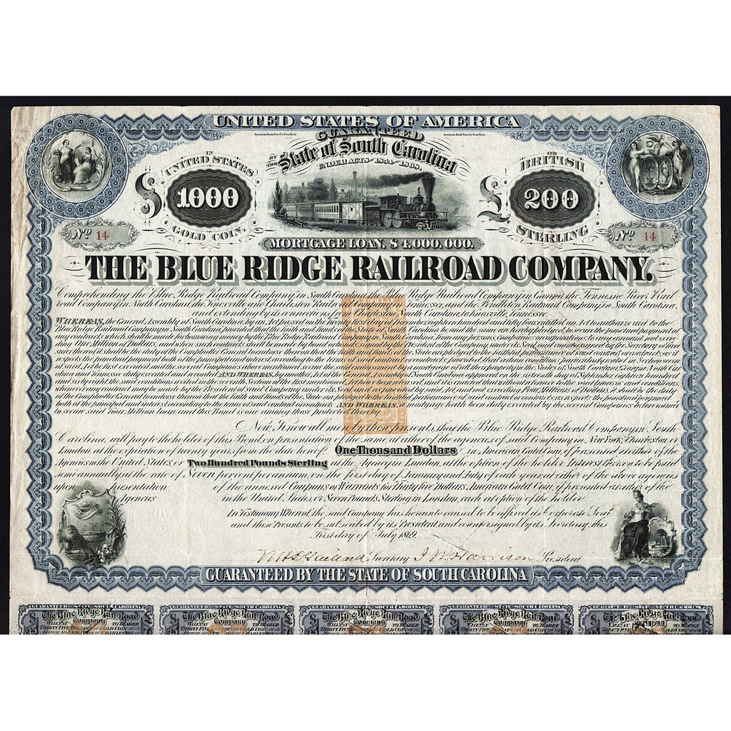 The Blue Ridge Railroad Company 1869 South Carolina