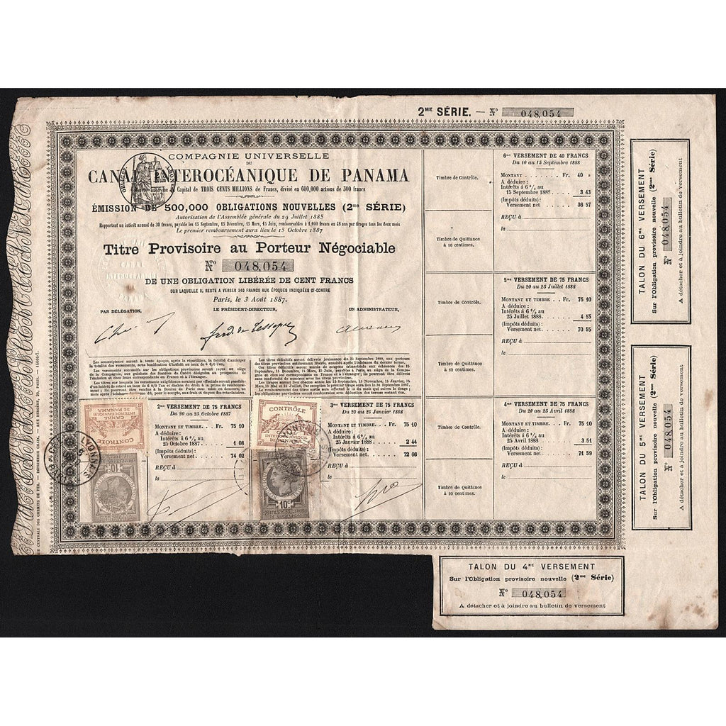 Panama Canal 1887 Bond Certificate