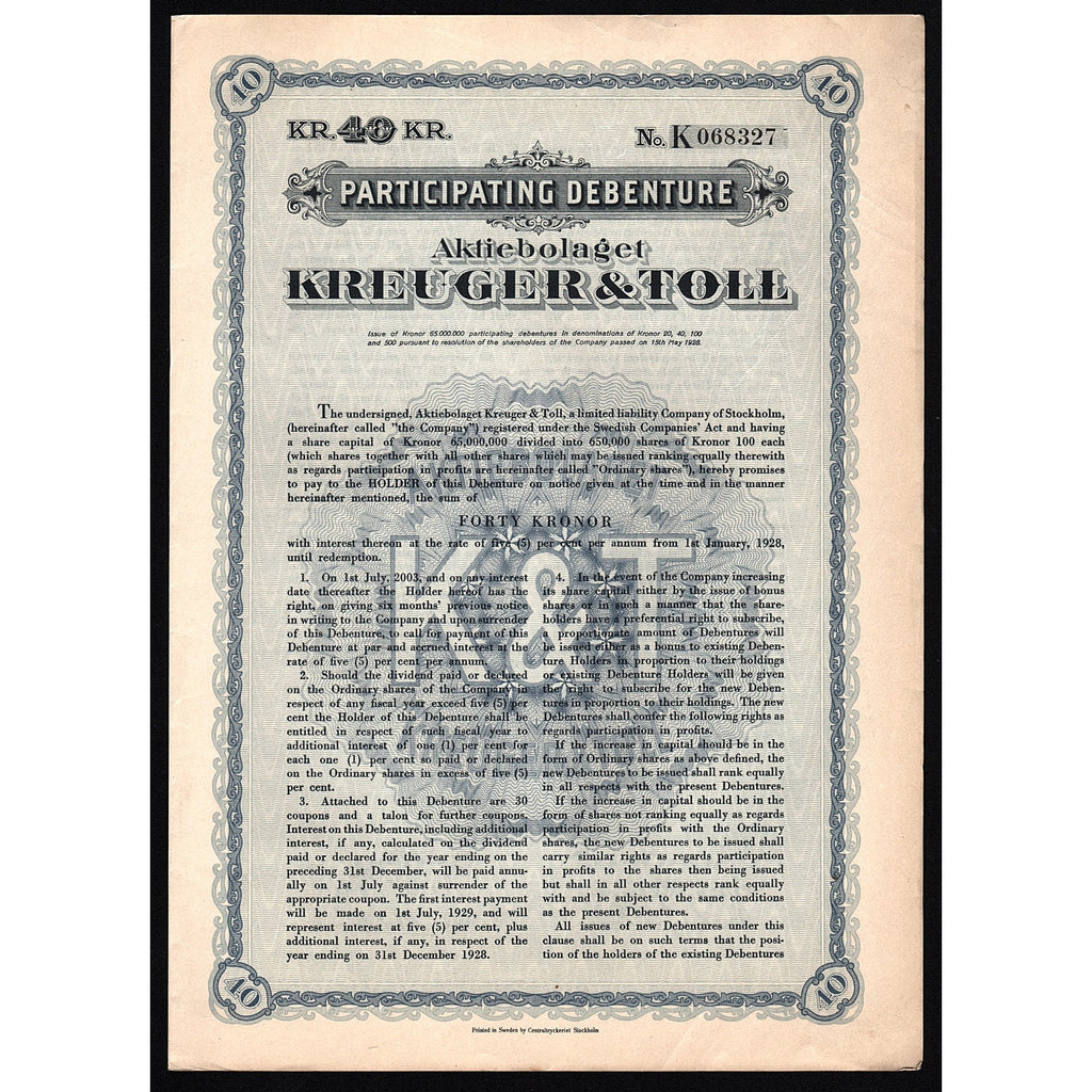 1928 Aktiebolaget Kreuger & Toll Participating Debenture 40 Kr Sweden