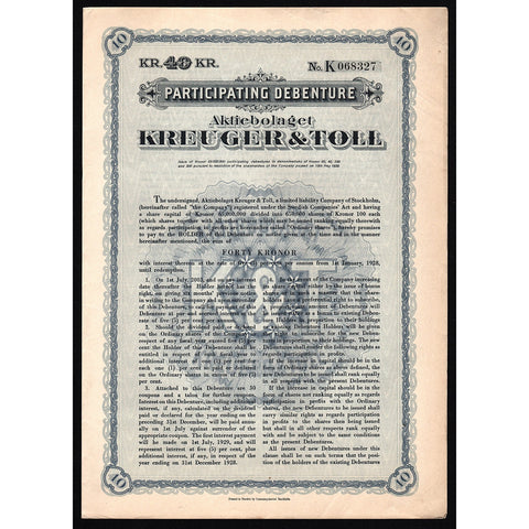 1928 Aktiebolaget Kreuger & Toll Participating Debenture 40 Kr Sweden