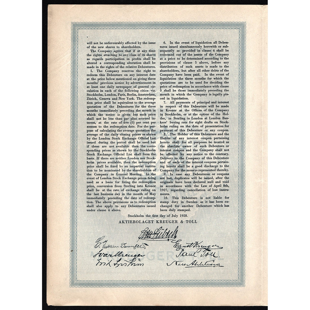 1928 Aktiebolaget Kreuger & Toll Participating Debenture 40 Kr