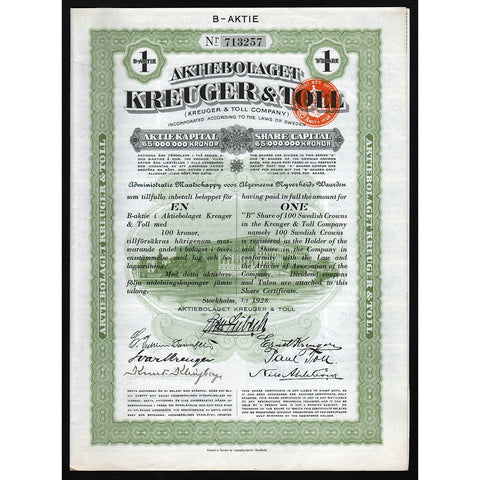 Aktiebolaget Kreuger & Toll Sweden 1928 Stock Certificate
