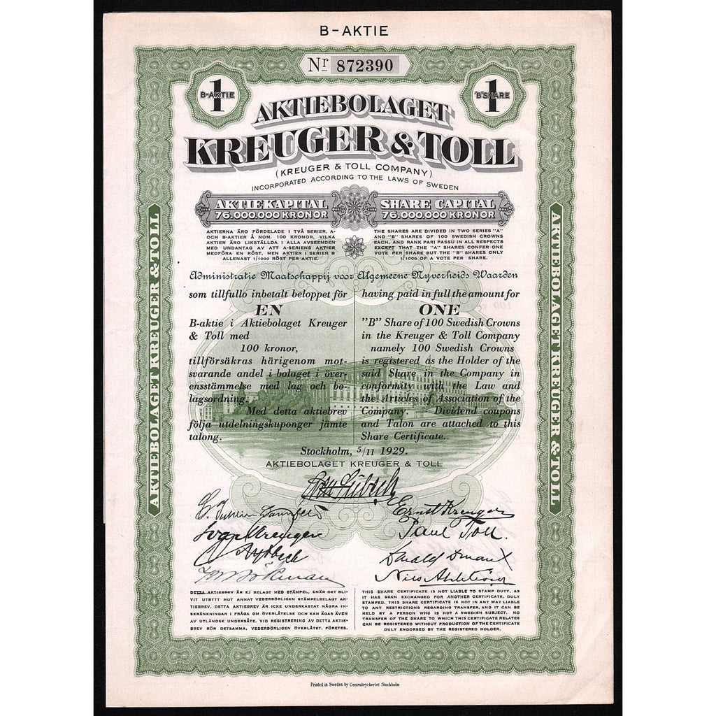 Aktiebolaget Kreuger & Toll 1929 Sweden Stock Certificate