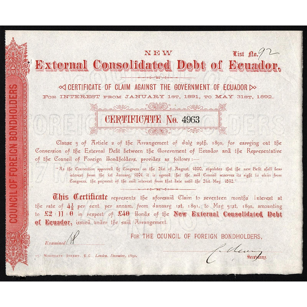 New External Consolidated Debt of Ecuador - £40 Stock Certificate