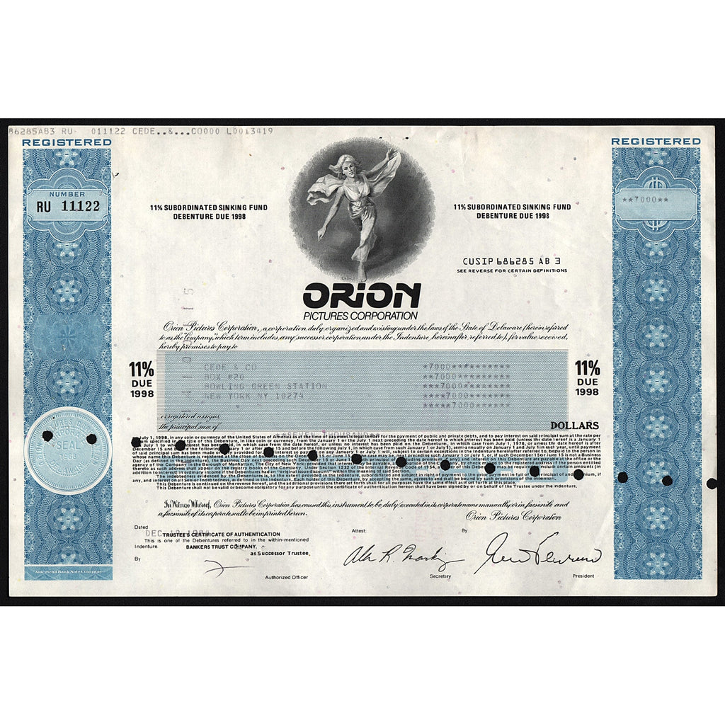 Orion Pictures Corporation (Movie Studio) Debenture Bond Certificate