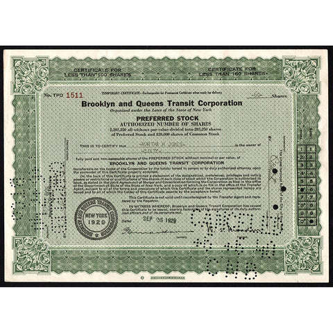 Brooklyn and Queens Transit Corporation 1929 New York Stock Certificate