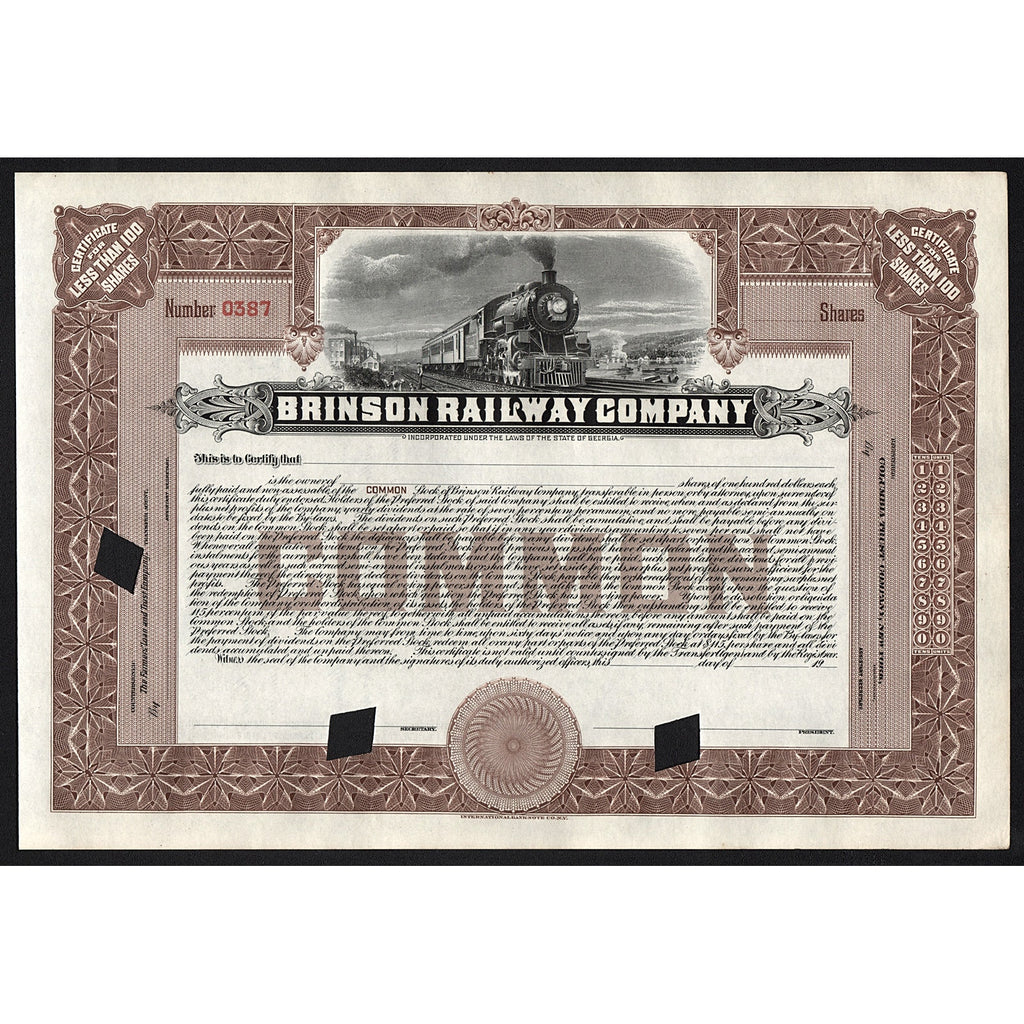 Brinson Railway Company Georgia Stock Certificate