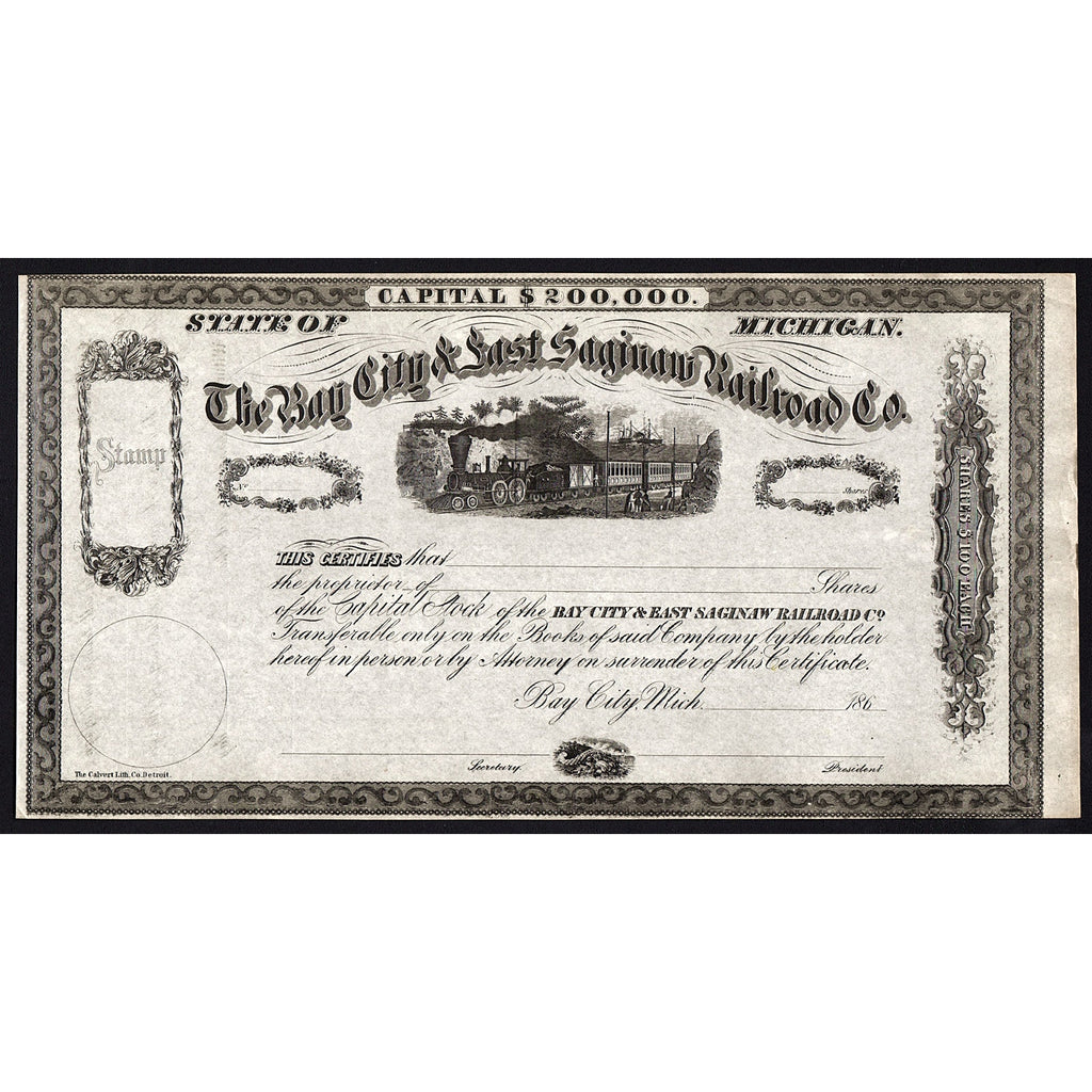 The Bay City & East Saginaw Railroad Co. Michigan Stock Certificate