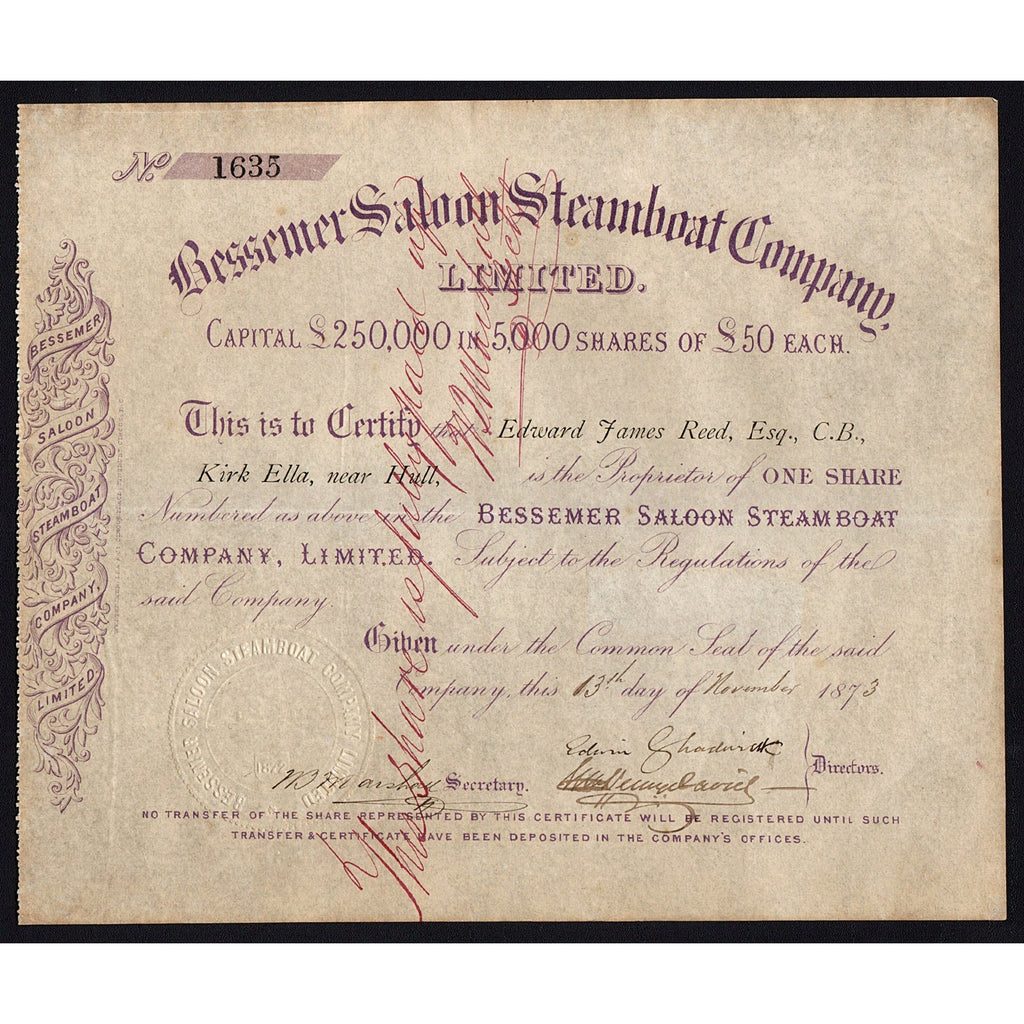 Bessemer Saloon Steamboat Company, Limited 1873 Stock Certificate