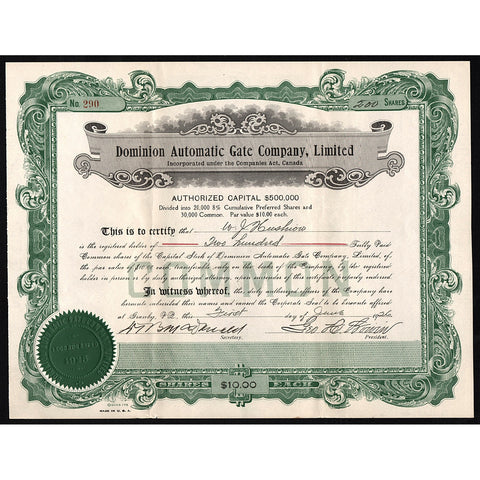 Dominion Automatic Gate Company, Limited Granby Quebec Canada Stock Certificate