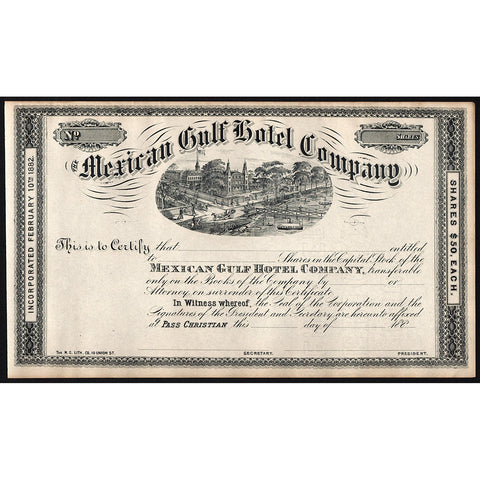 Mexican Gulf Hotel Company (Pass Christian, Mississippi) Stock Certificate