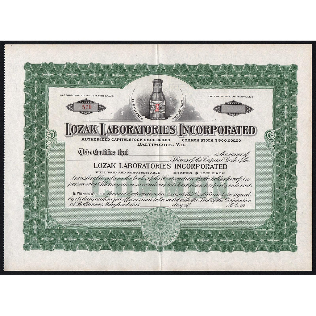 Lozak Laboratories Incorporated stock certificate with a bottle illustration on a green and white background