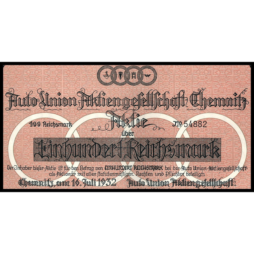 AUDI - Auto Union Aktiengesellschaft Chemnitz 1932 Stcok Certificate (uncancelled)