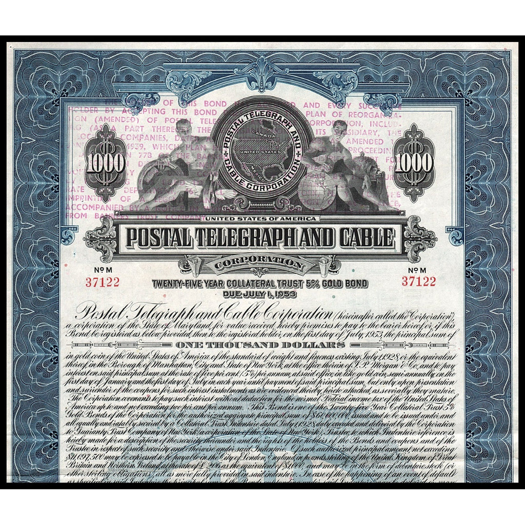 Postal Telegraph and Cable Corporation Maryland 1928 $1000 Gold Bond
