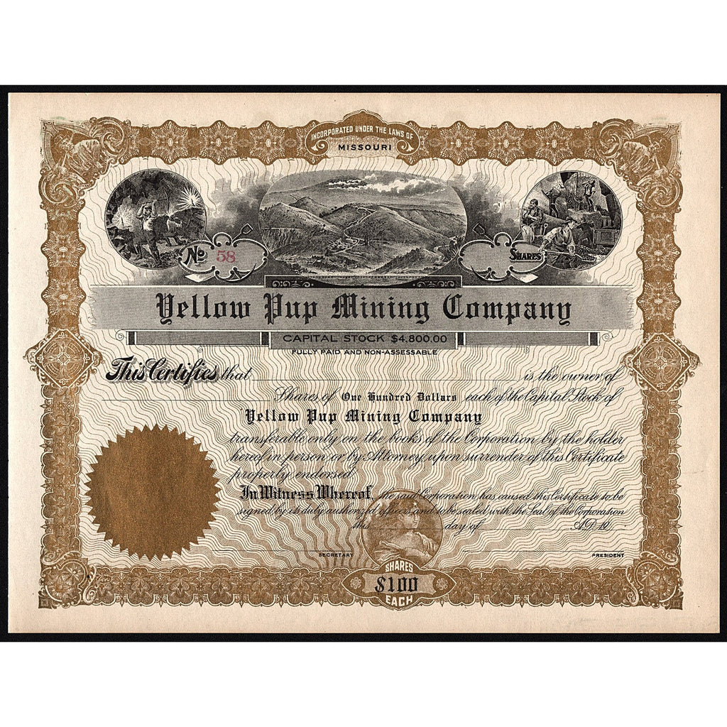 Yellow Pup Mining Company Stock Certificate