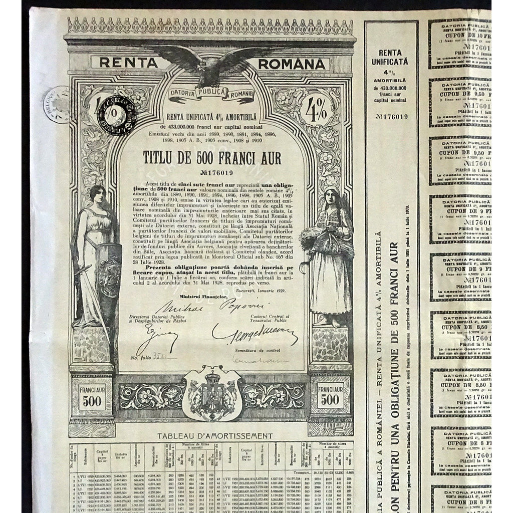 Renta Romana 500 Franci Aur Romania Gold Bond Certificate