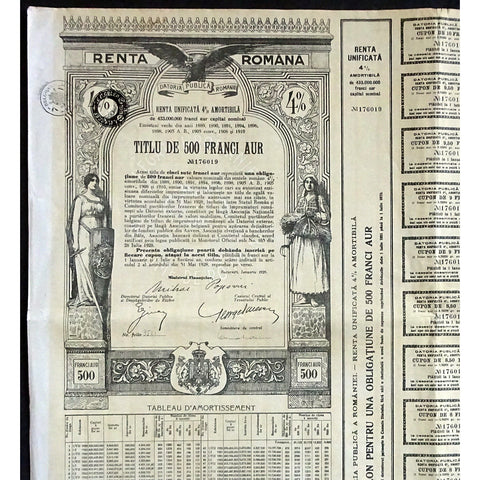 Renta Romana 500 Franci Aur Romania Gold Bond Certificate