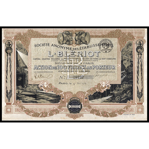 Societe Anonyme des Etablissements L. Bleriot 1919 Stock Certificate