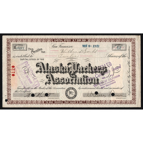 Alaska Packers Association 1922 California Stock Certificate