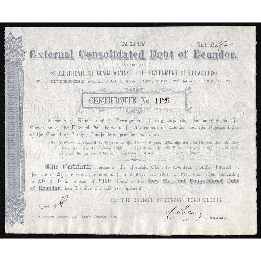 New External Consolidated Debt of Ecuador - £100 Stock Certificate
