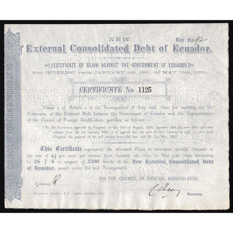 New External Consolidated Debt of Ecuador - £100 Stock Certificate