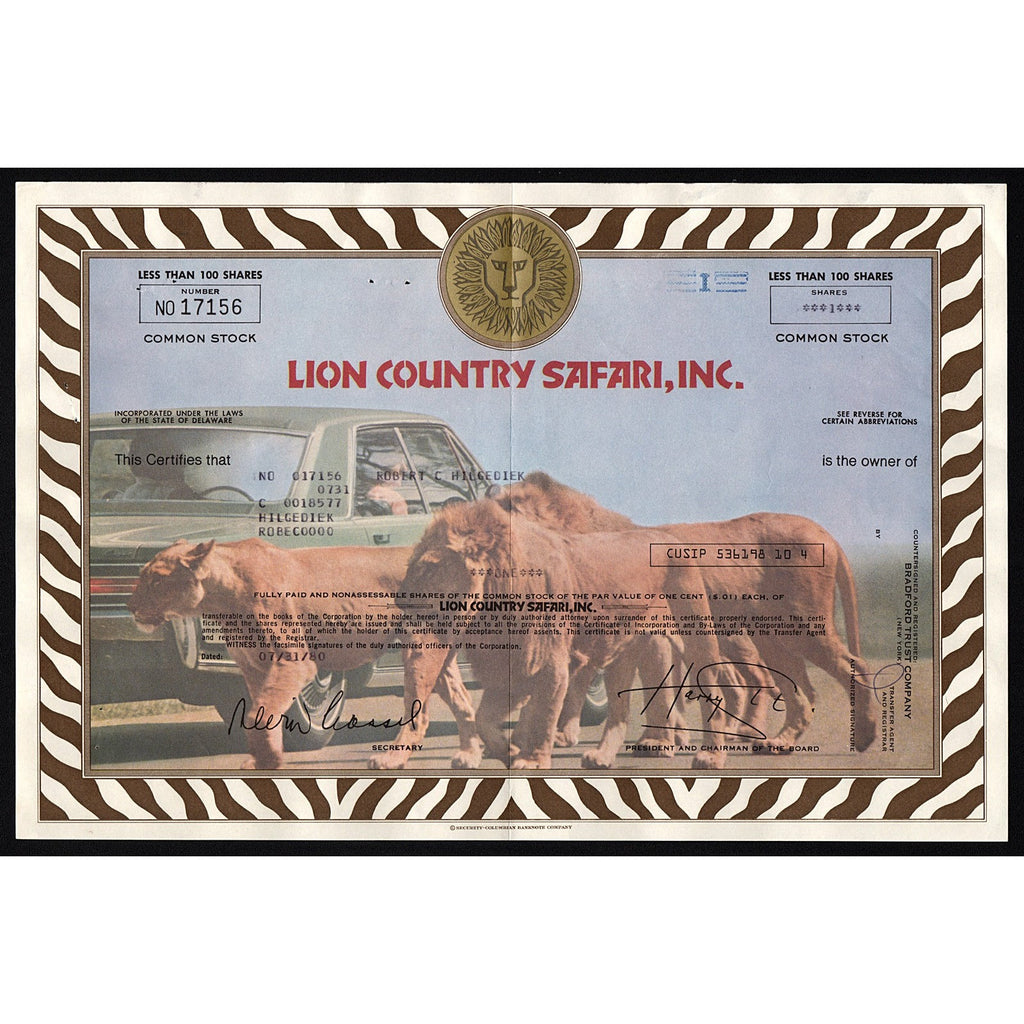 Lion Country Safari, Inc. Stock Certificate