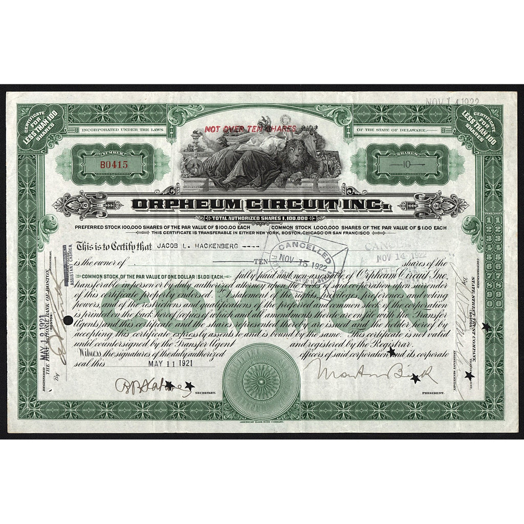 Orpheum Circuit Inc. Stock Certificate