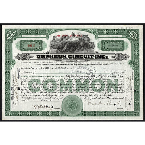 Orpheum Circuit Inc. Stock Certificate
