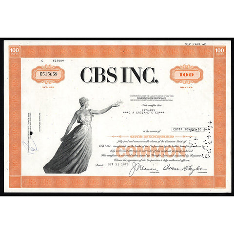 CBS Inc. (Columbia Broadcasting System) Stock Certificate
