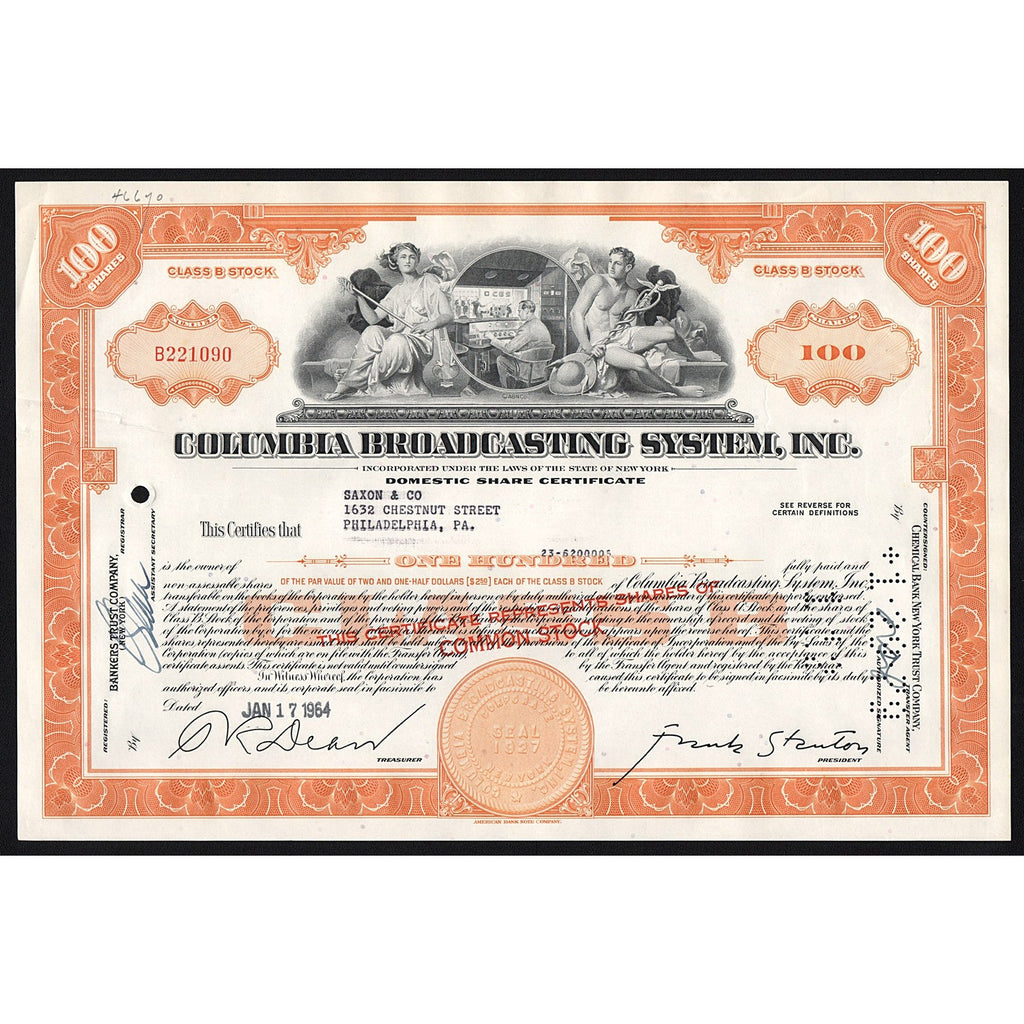 Columbia Broadcasting System, Inc. (CBS Inc.) Stock Certificate