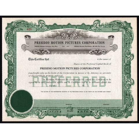 Presidio Motion Pictures Corporation Stock Certificate