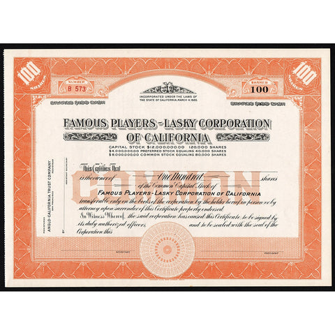 Famous Players-Lasky Corporation of California Stock Certificate