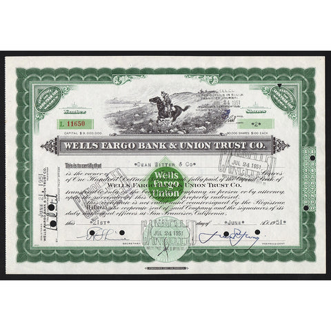 Wells Fargo Bank & Union Trust Co. (Pony Express) Stock Certificate