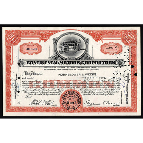 Continental Motors Corporation Virginia Automobiles Stock Certificate