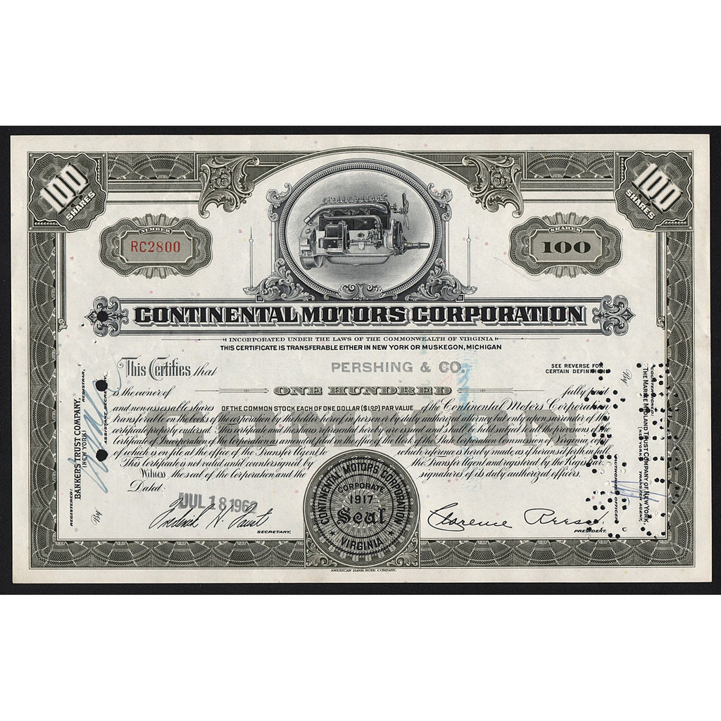 Continental Motors Corporation Automobiles Stock Certificate