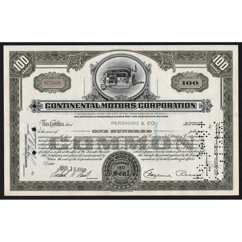 Continental Motors Corporation Automobiles Stock Certificate