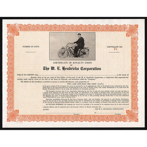 The W.E. Hendricks Corporation Bicycle Bicycles Stock Certificate