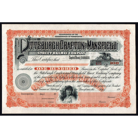 Pittsburgh Crafton and Mansfield Street Railway Company Stock Certificate