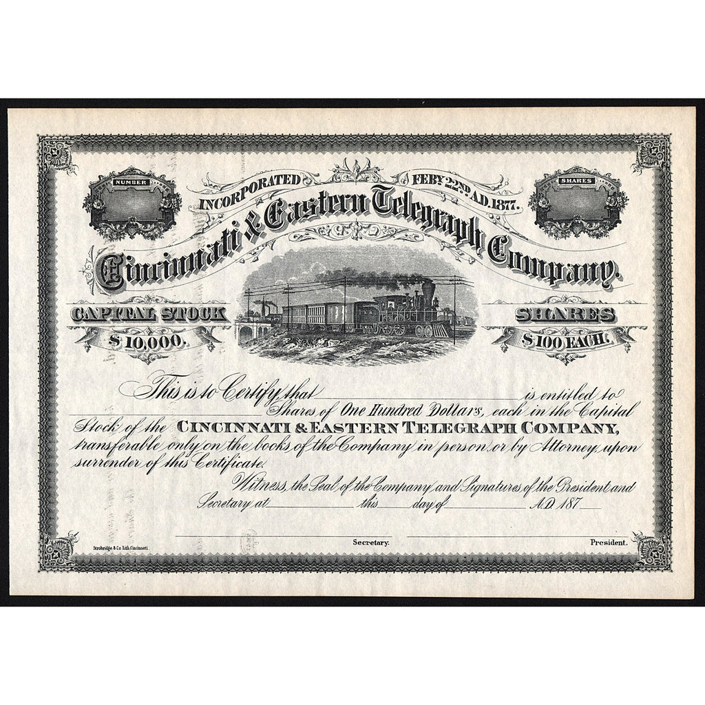 Cincinnati & Eastern Telegraph Company Stock Certificate