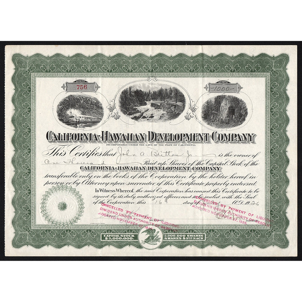 California-Hawaiian Development Company Stock Certificate