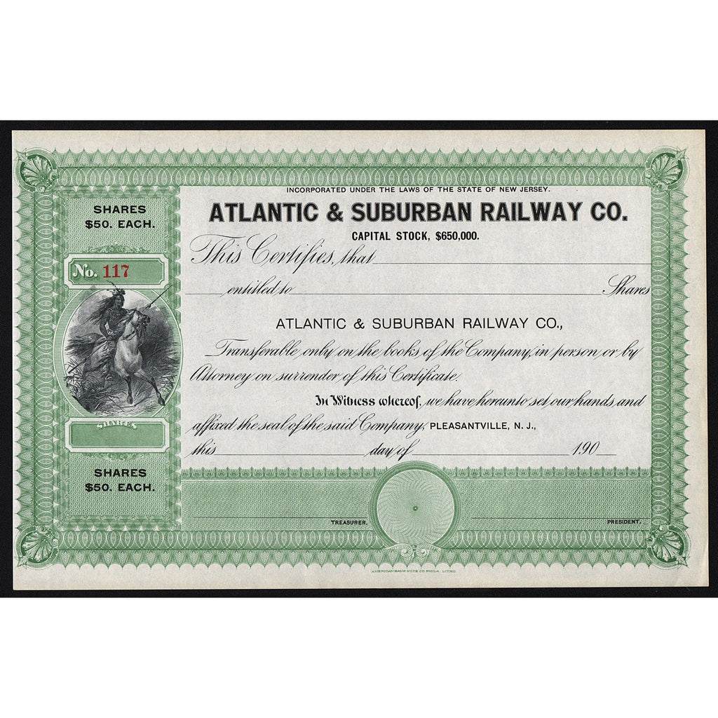 Atlantic & Suburban Railway Co. Pleasantville, NJ Stock Certificate