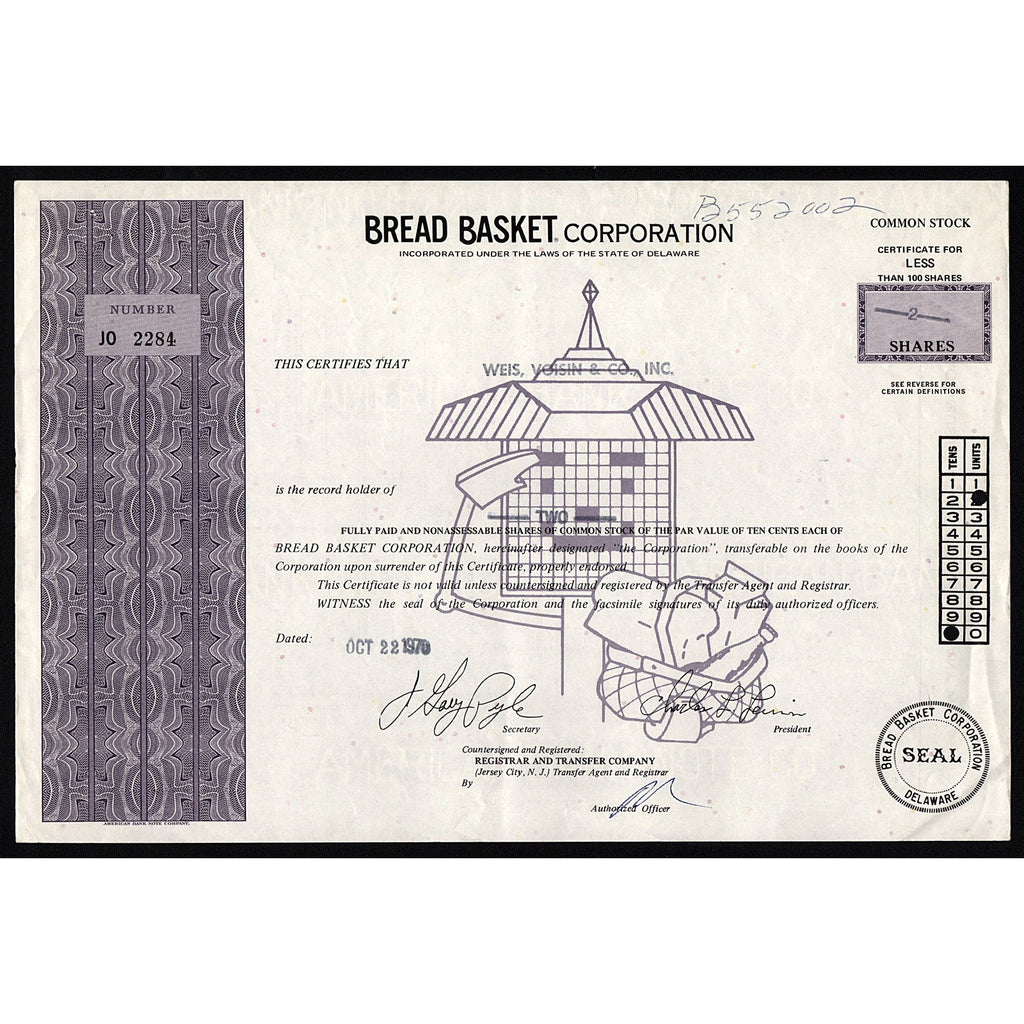 Bread Basket Corporation Stock Certificate