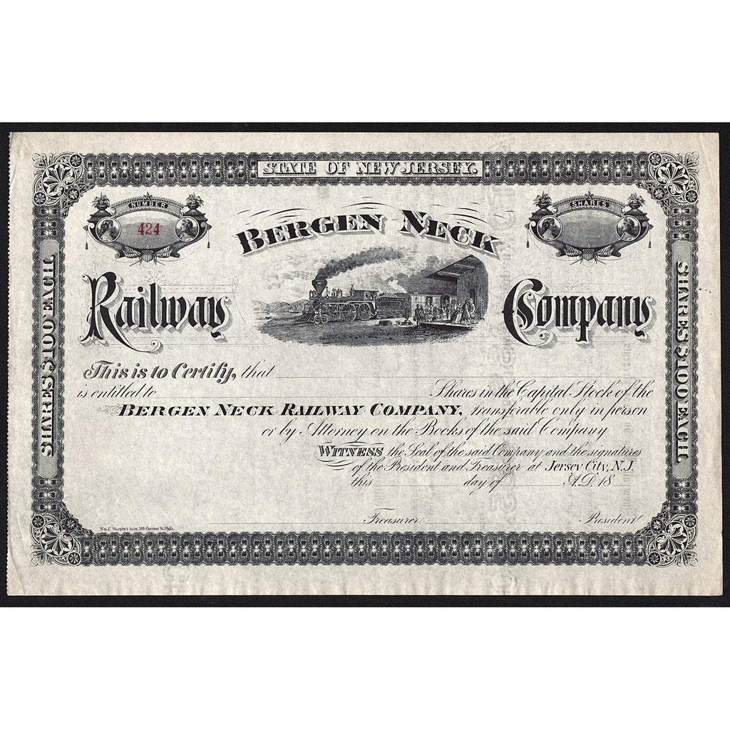 Bergen Neck Railway Company New Jersey Stock Certificate