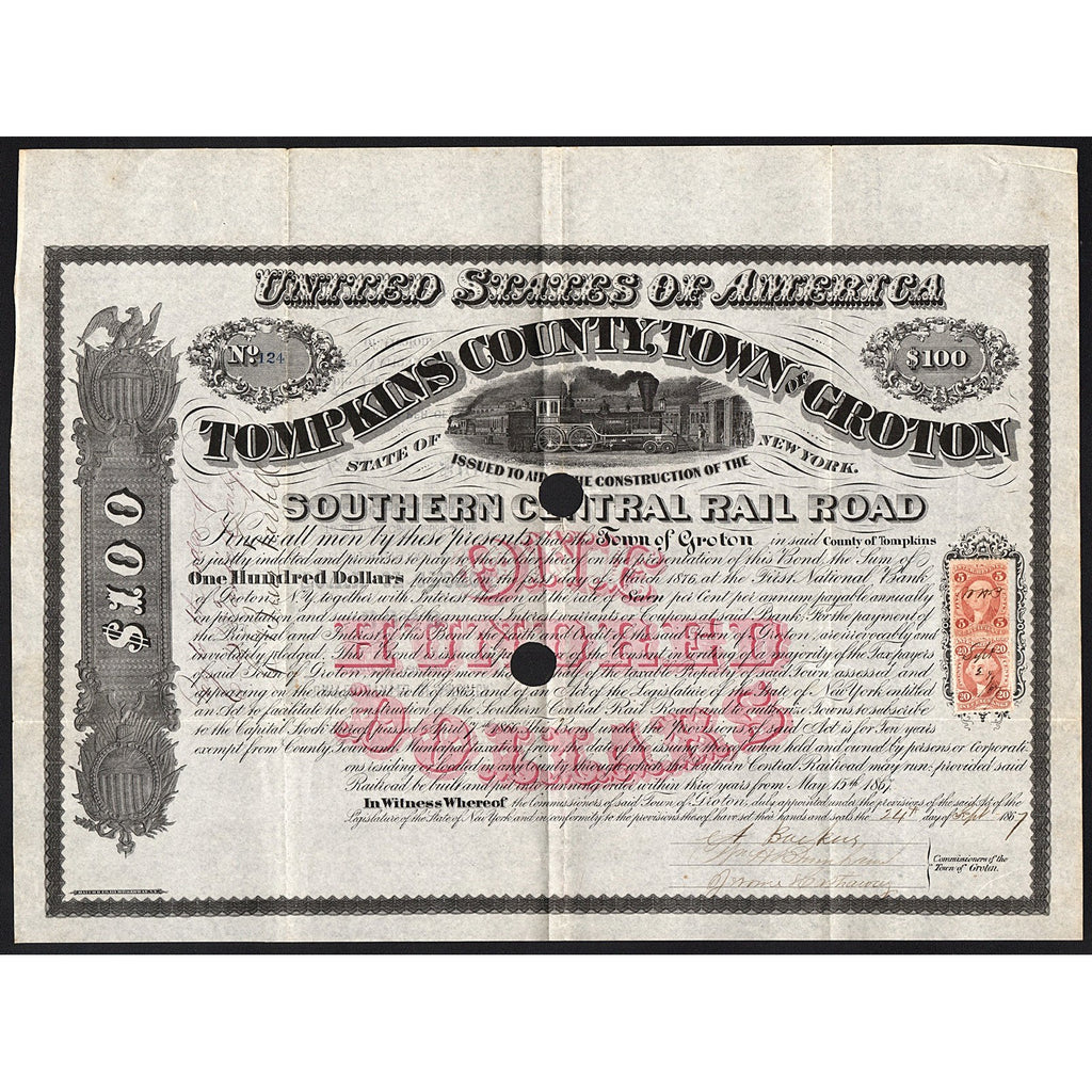Tompkins County, Town of Groton - Southern Central Rail Road 1867 Bond Certificate